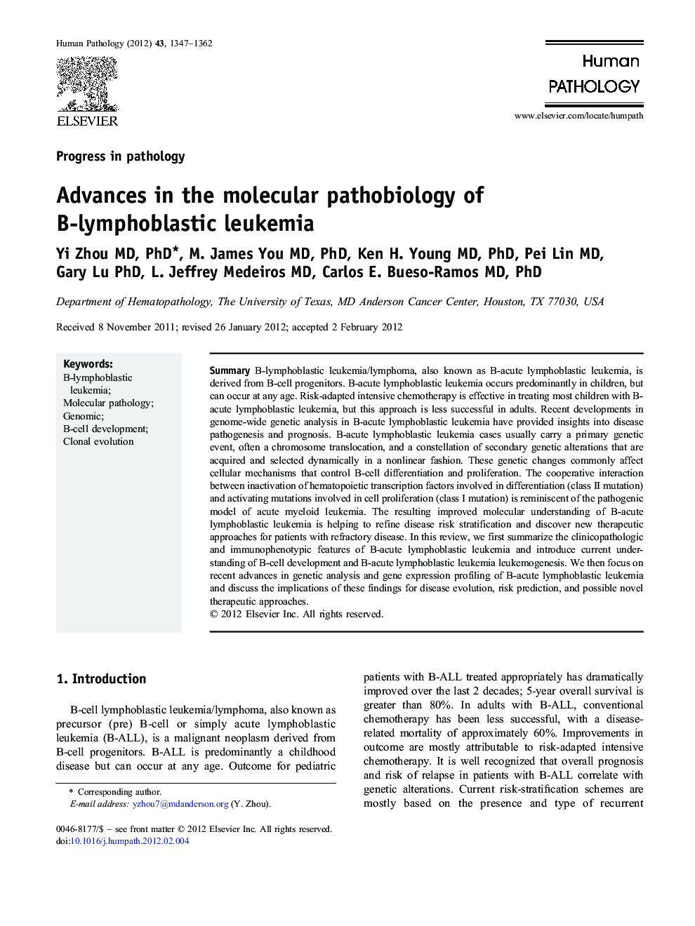 Advances in the molecular pathobiology of B-lymphoblastic leukemia