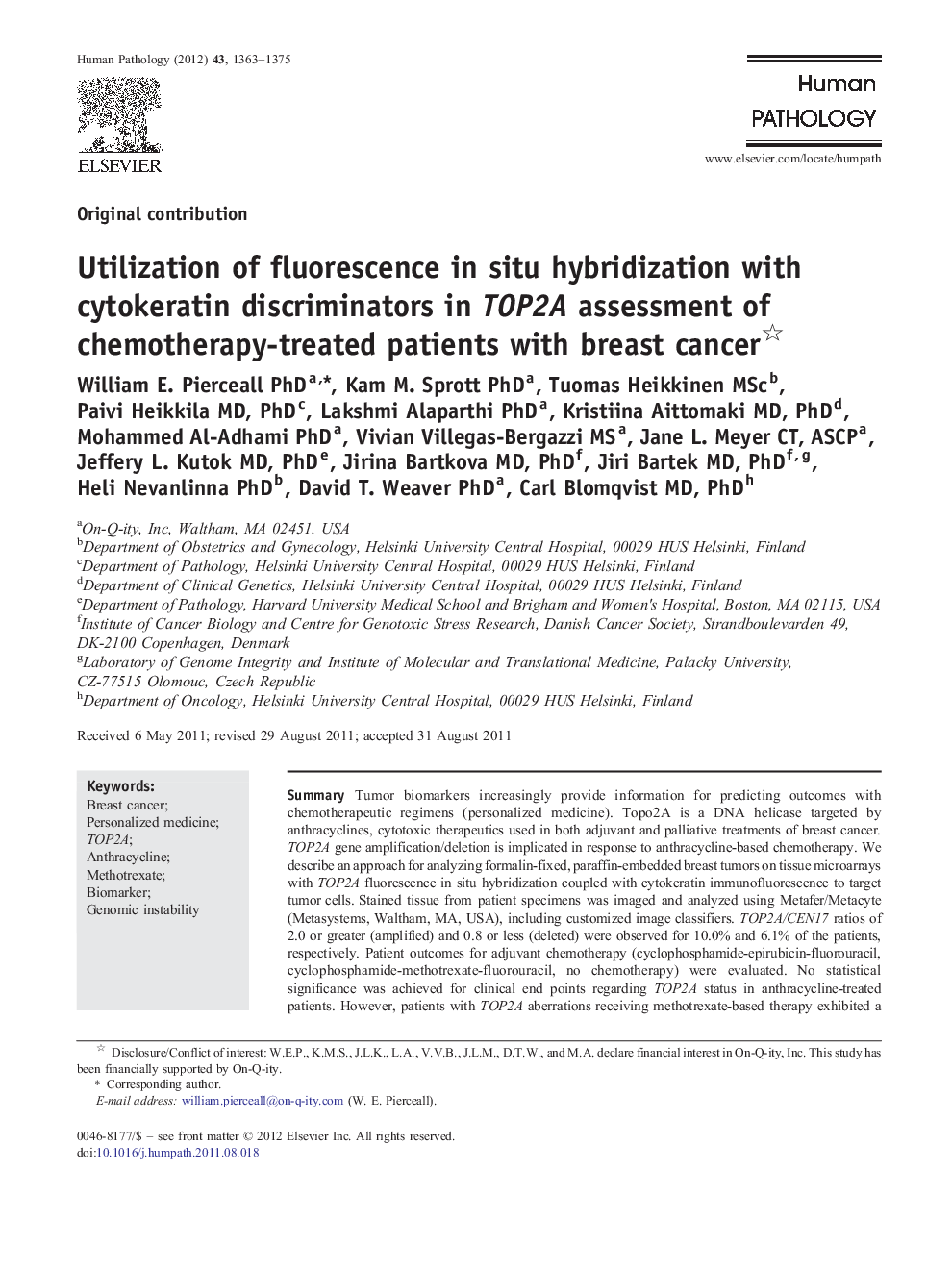 Utilization of fluorescence in situ hybridization with cytokeratin discriminators in TOP2A assessment of chemotherapy-treated patients with breast cancer 