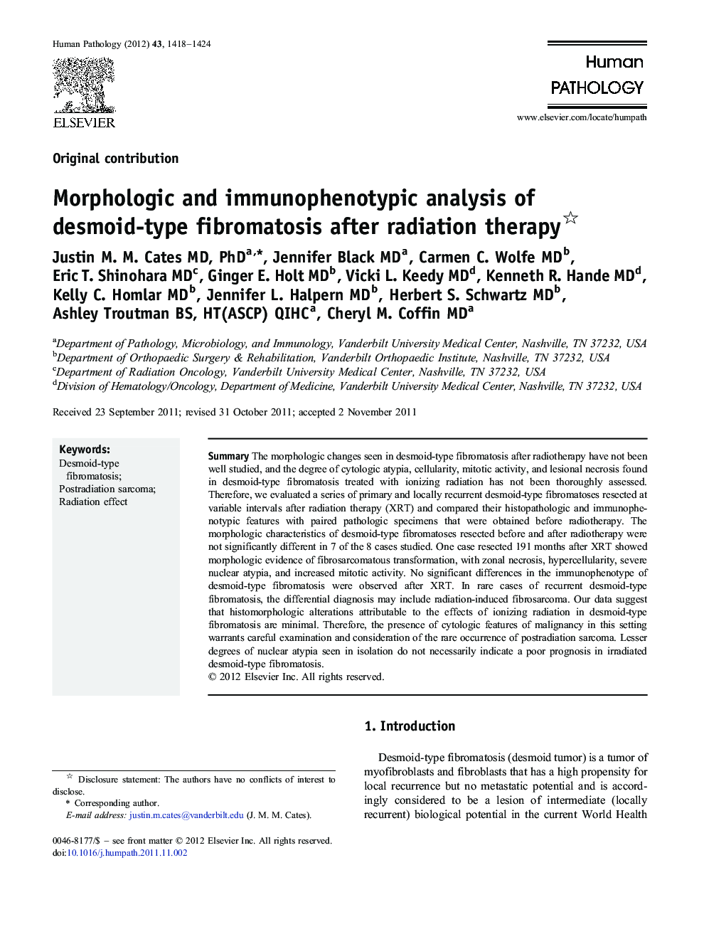 Morphologic and immunophenotypic analysis of desmoid-type fibromatosis after radiation therapy 