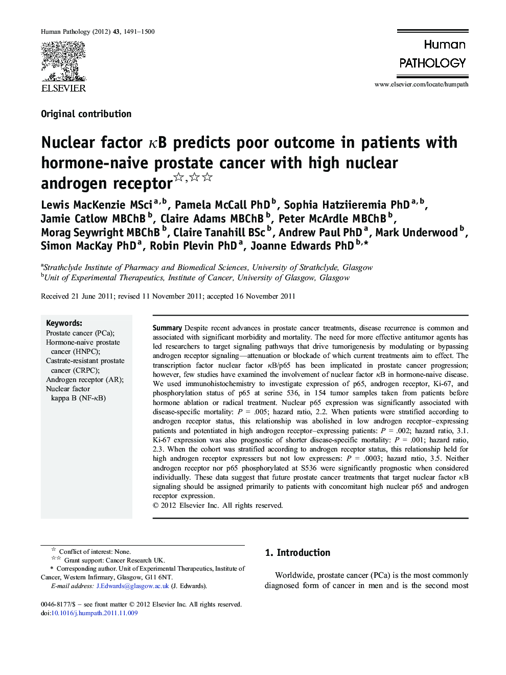 Nuclear factor κB predicts poor outcome in patients with hormone-naive prostate cancer with high nuclear androgen receptor 