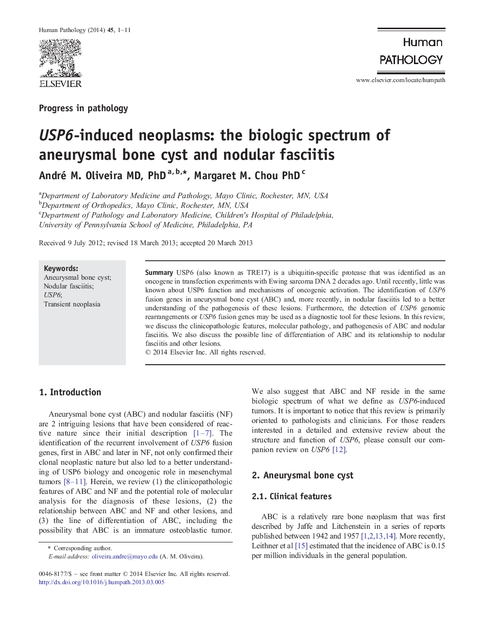 USP6-induced neoplasms: the biologic spectrum of aneurysmal bone cyst and nodular fasciitis