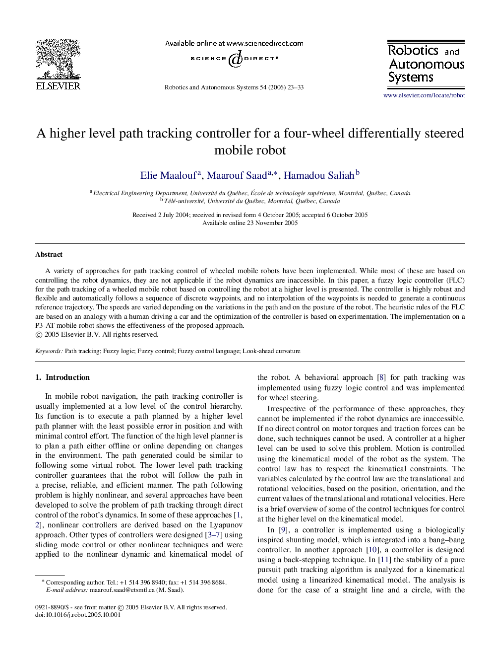 A higher level path tracking controller for a four-wheel differentially steered mobile robot