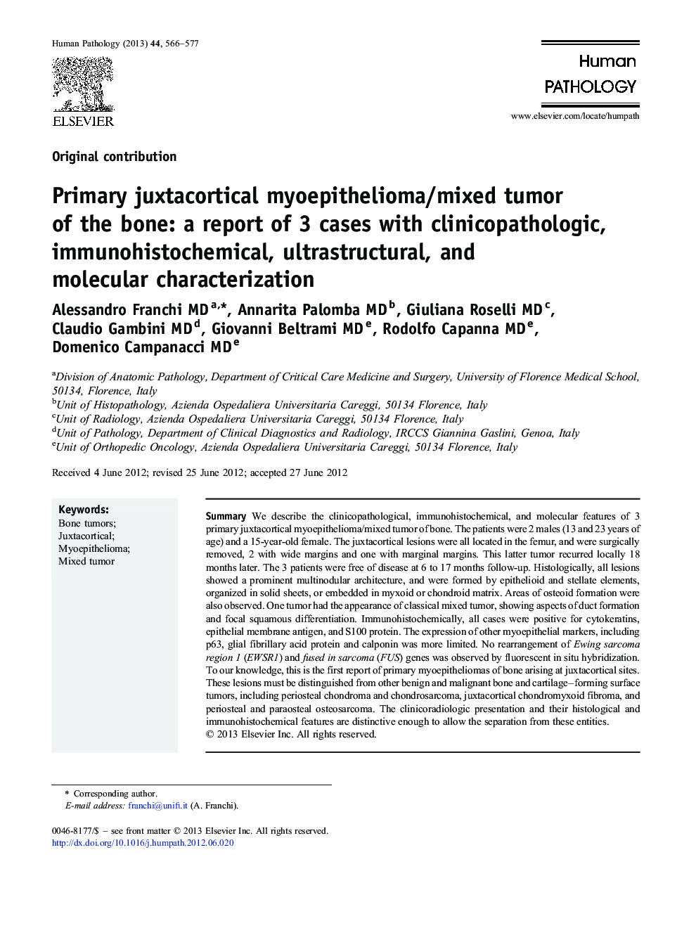 Primary juxtacortical myoepithelioma/mixed tumor of the bone: a report of 3 cases with clinicopathologic, immunohistochemical, ultrastructural, and molecular characterization