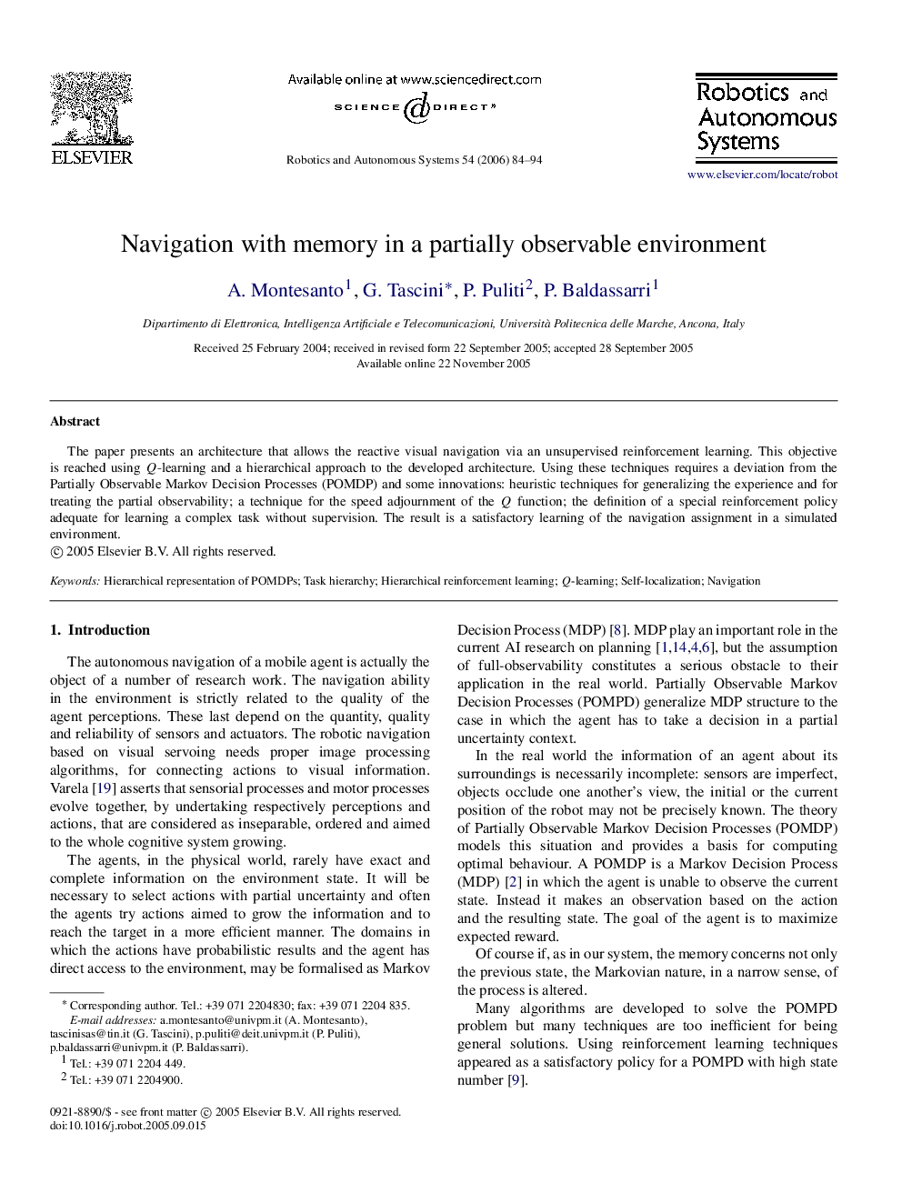 Navigation with memory in a partially observable environment