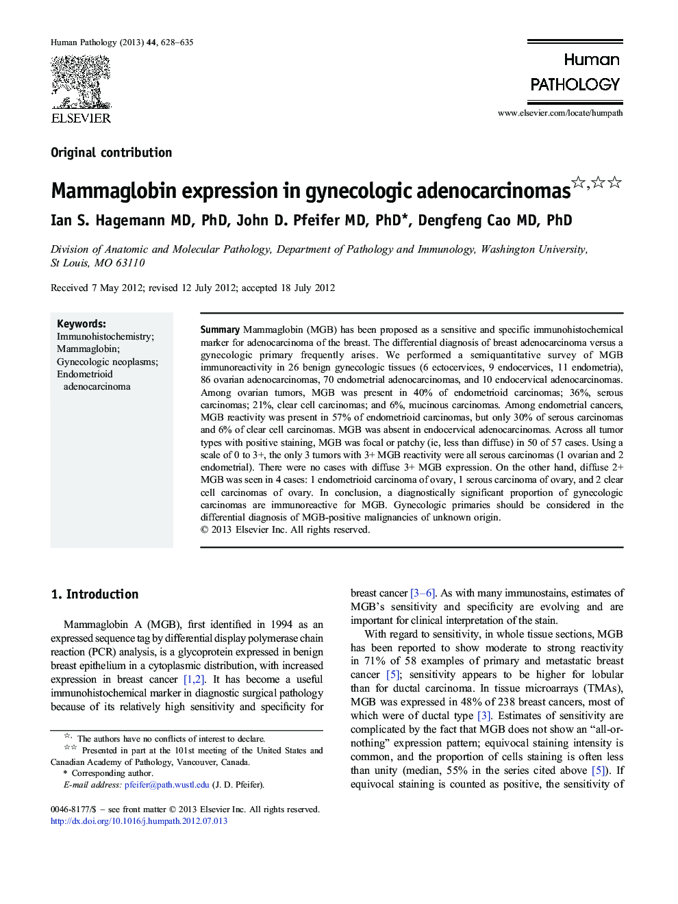 Mammaglobin expression in gynecologic adenocarcinomas 