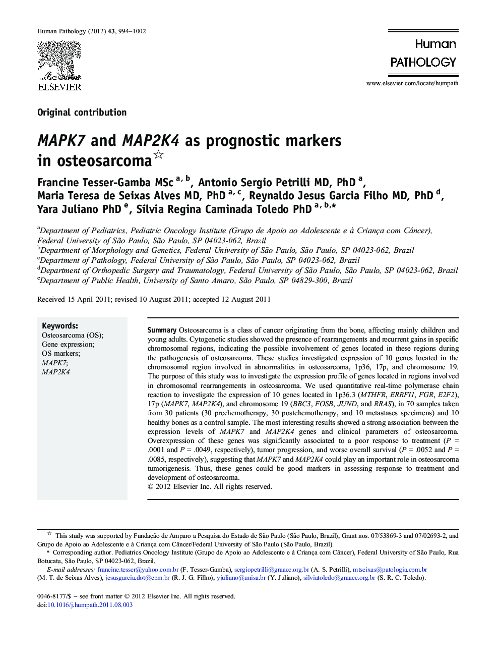 MAPK7 and MAP2K4 as prognostic markers in osteosarcoma 