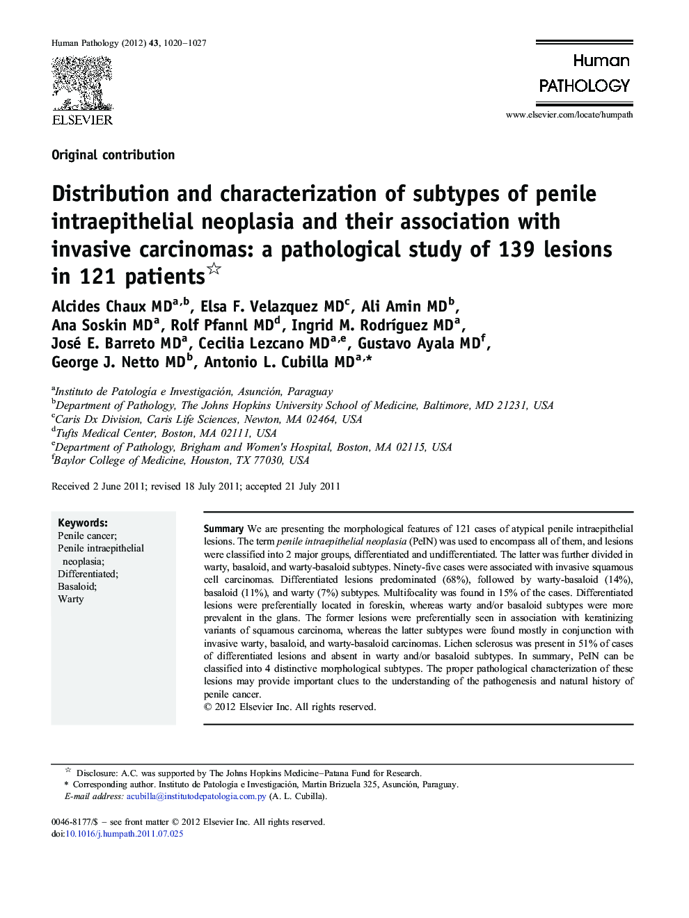 Distribution and characterization of subtypes of penile intraepithelial neoplasia and their association with invasive carcinomas: a pathological study of 139 lesions in 121 patients 