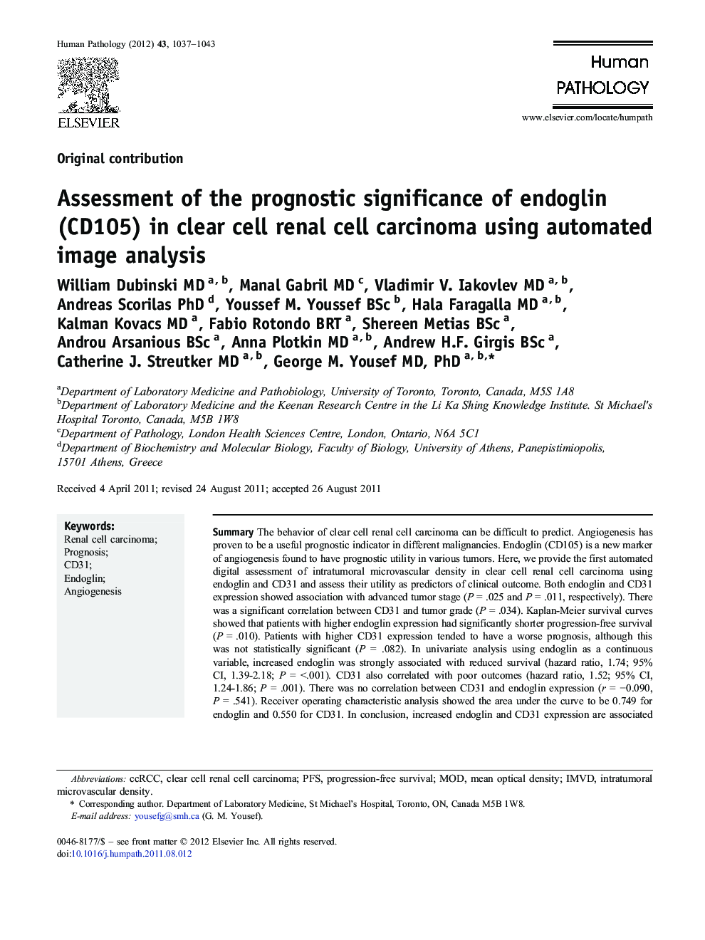 Assessment of the prognostic significance of endoglin (CD105) in clear cell renal cell carcinoma using automated image analysis