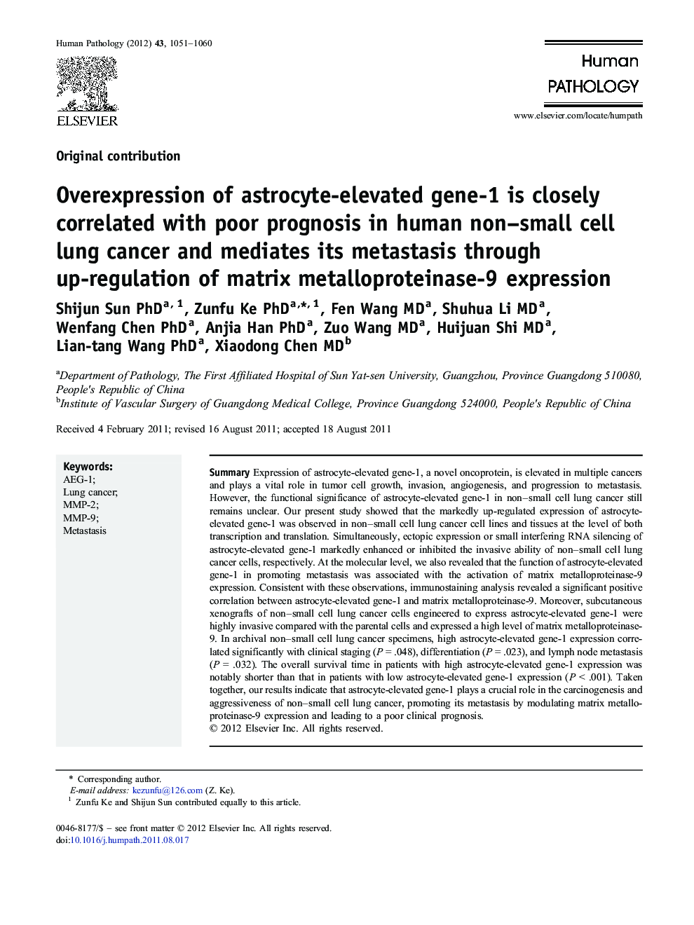 Overexpression of astrocyte-elevated gene-1 is closely correlated with poor prognosis in human non–small cell lung cancer and mediates its metastasis through up-regulation of matrix metalloproteinase-9 expression