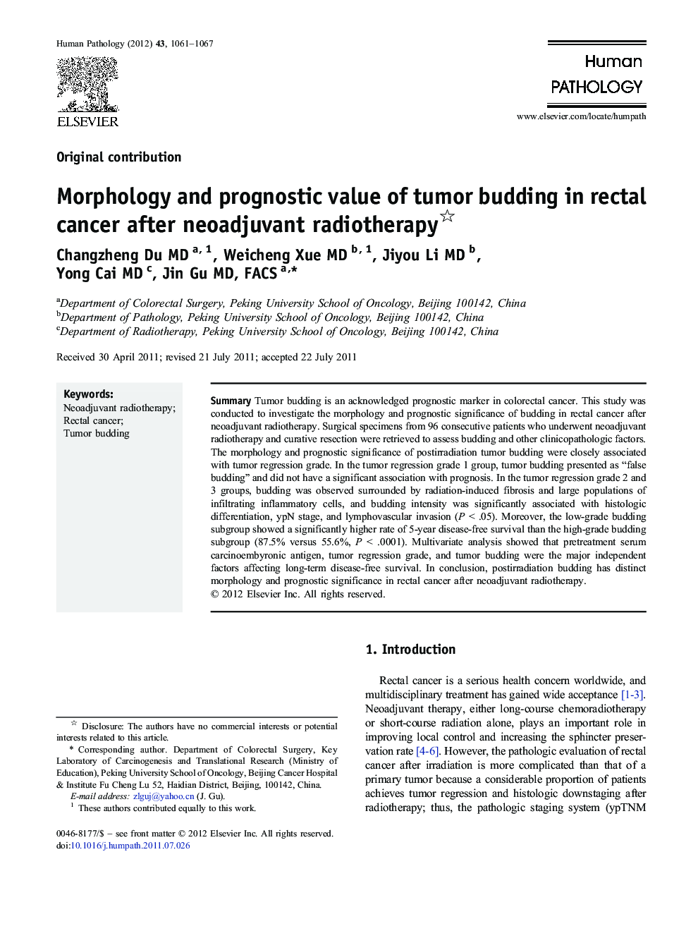Morphology and prognostic value of tumor budding in rectal cancer after neoadjuvant radiotherapy 