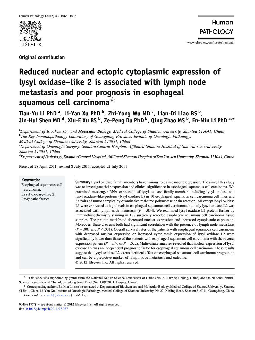 Reduced nuclear and ectopic cytoplasmic expression of lysyl oxidase–like 2 is associated with lymph node metastasis and poor prognosis in esophageal squamous cell carcinoma 