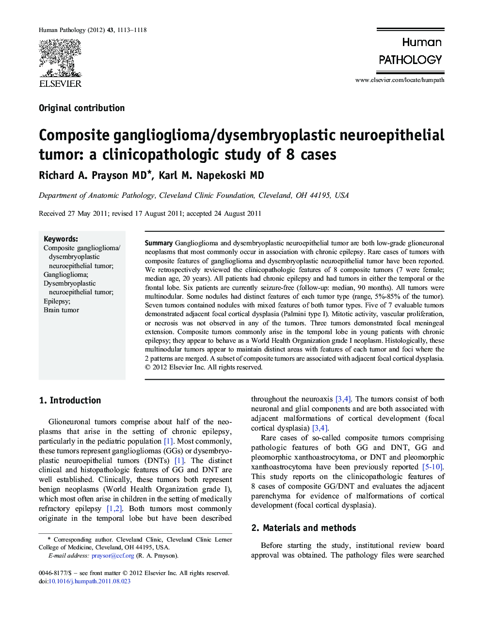 Composite ganglioglioma/dysembryoplastic neuroepithelial tumor: a clinicopathologic study of 8 cases
