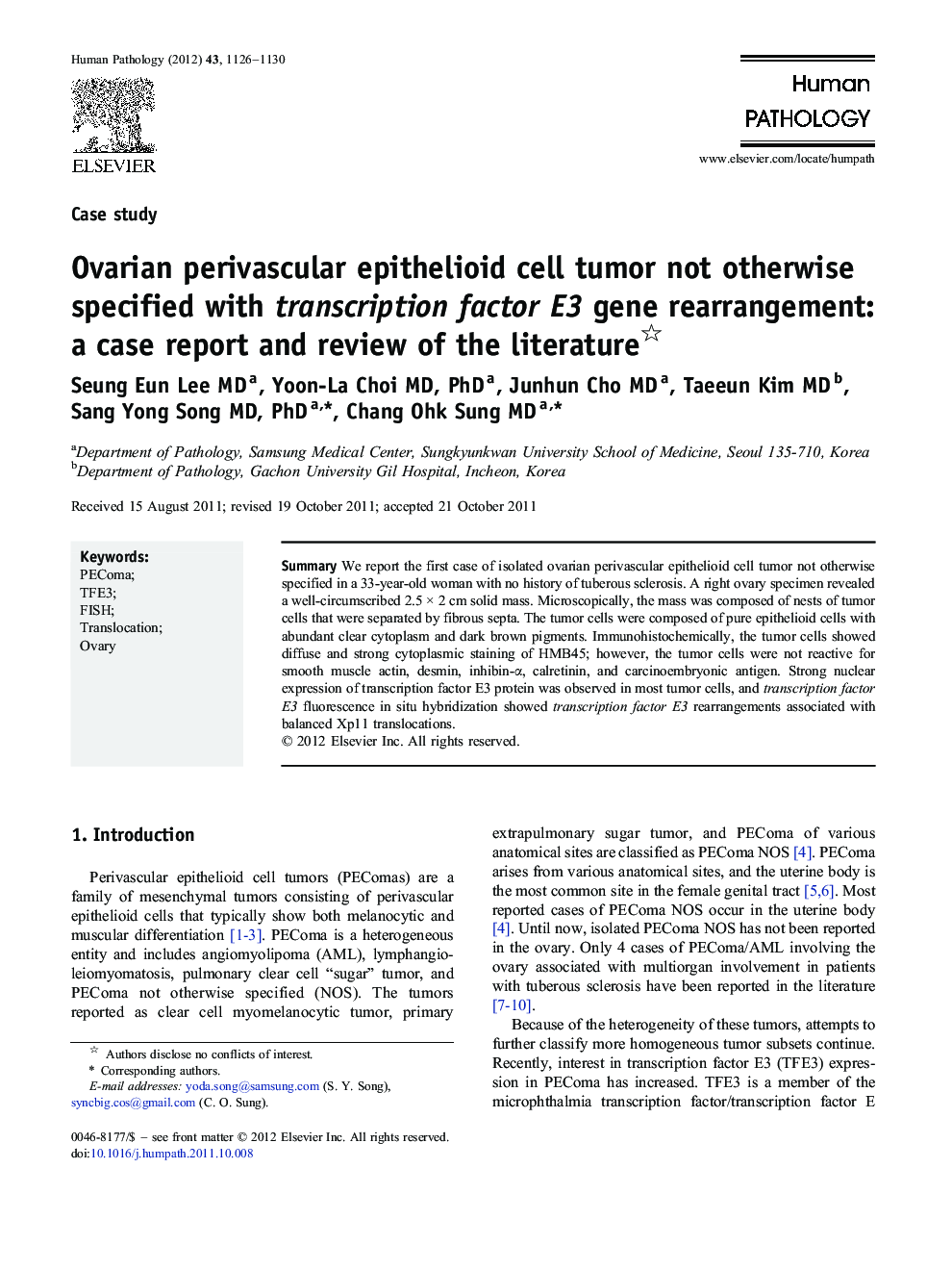 Ovarian perivascular epithelioid cell tumor not otherwise specified with transcription factor E3 gene rearrangement: a case report and review of the literature 