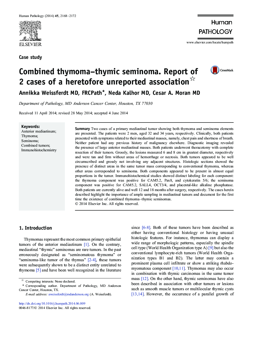 Combined thymoma–thymic seminoma. Report of 2 cases of a heretofore unreported association 