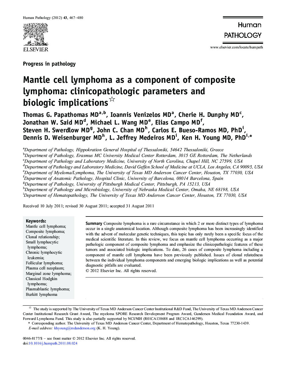 Mantle cell lymphoma as a component of composite lymphoma: clinicopathologic parameters and biologic implications 