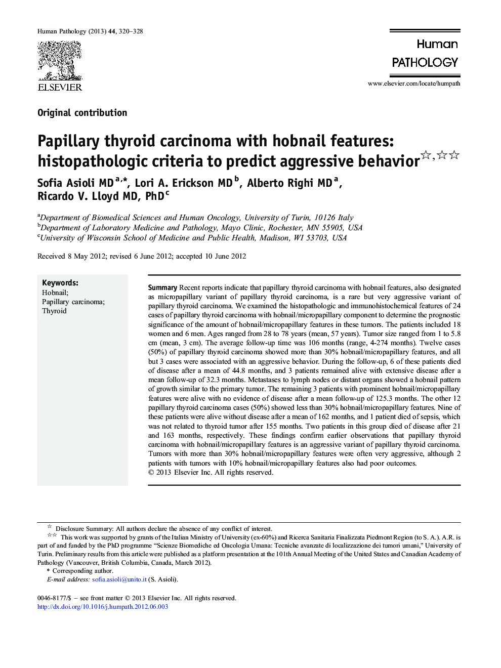 Papillary thyroid carcinoma with hobnail features: histopathologic criteria to predict aggressive behavior 