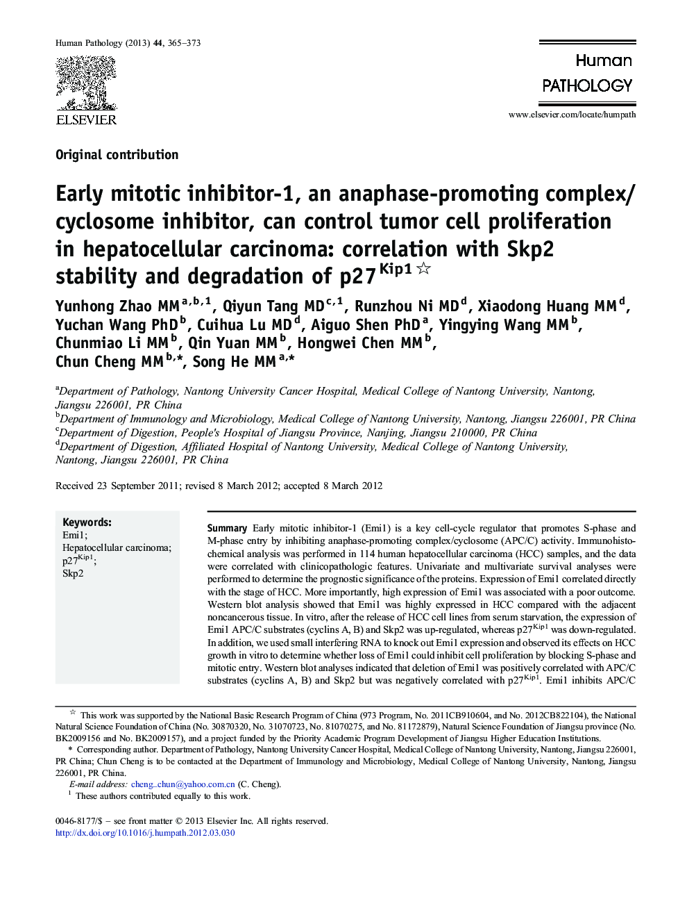 Early mitotic inhibitor-1, an anaphase-promoting complex/cyclosome inhibitor, can control tumor cell proliferation in hepatocellular carcinoma: correlation with Skp2 stability and degradation of p27Kip1