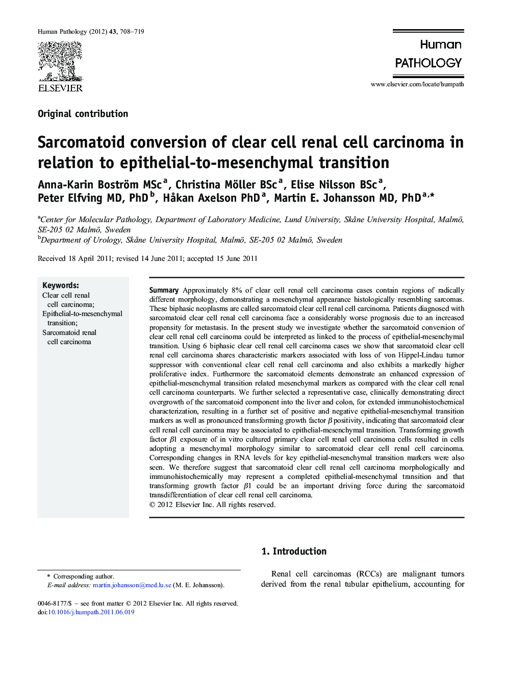 Sarcomatoid conversion of clear cell renal cell carcinoma in relation to epithelial-to-mesenchymal transition