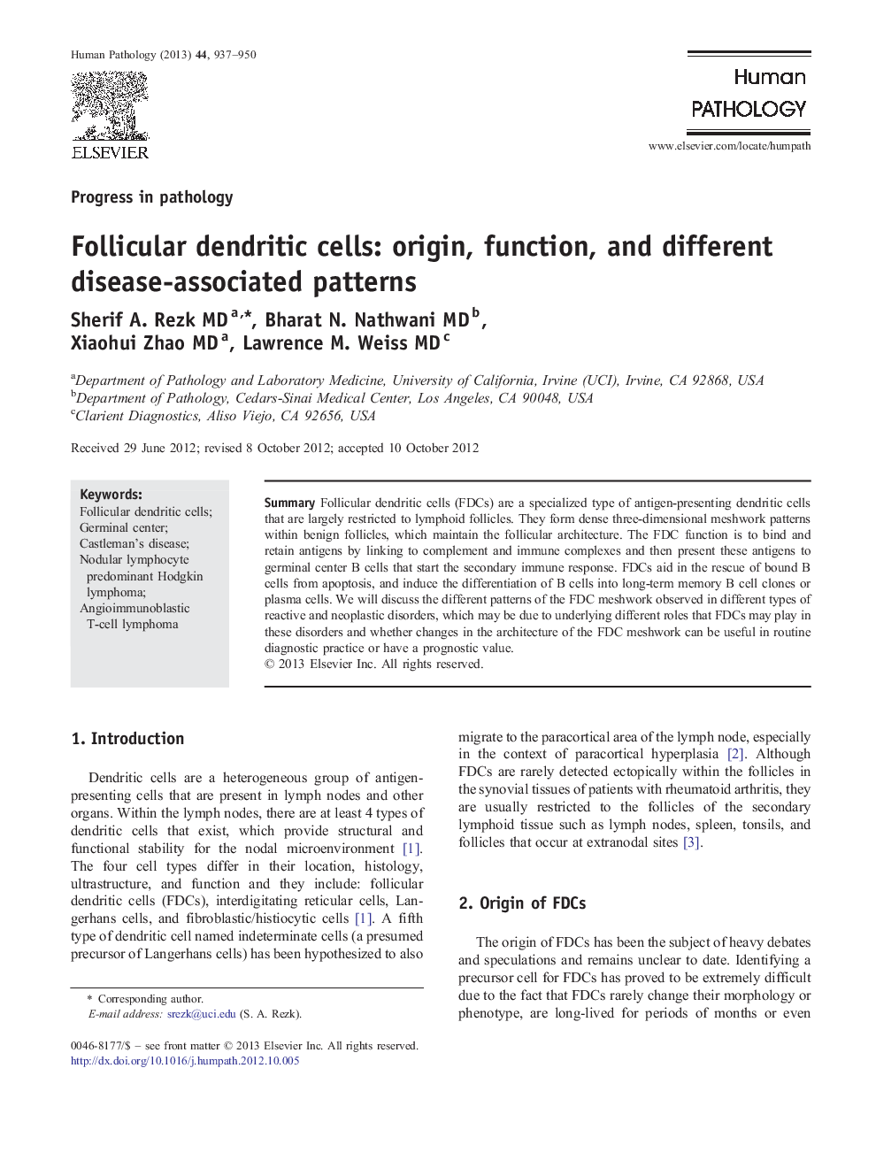 Follicular dendritic cells: origin, function, and different disease-associated patterns