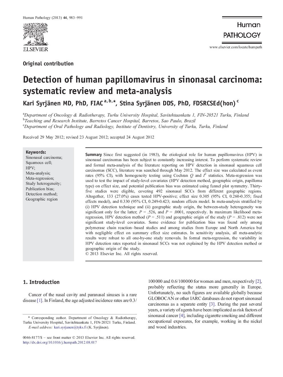 Detection of human papillomavirus in sinonasal carcinoma: systematic review and meta-analysis