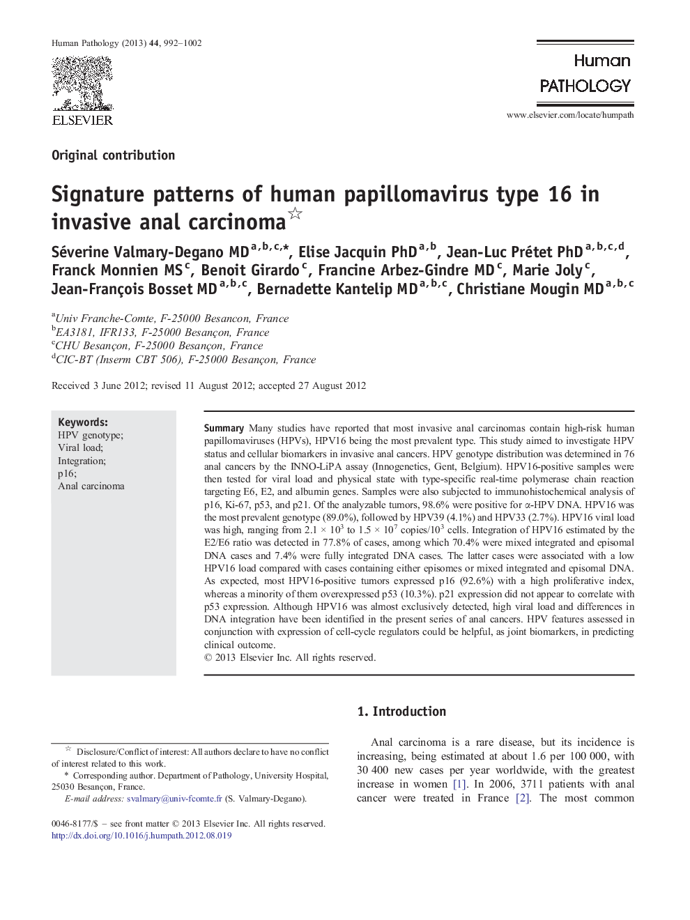 Signature patterns of human papillomavirus type 16 in invasive anal carcinoma 