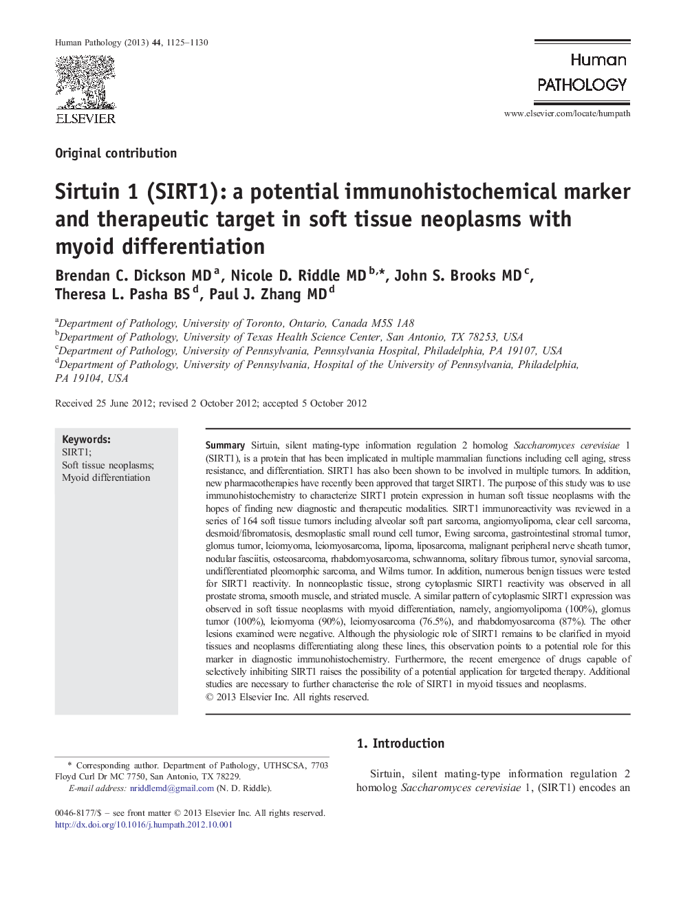 Sirtuin 1 (SIRT1): a potential immunohistochemical marker and therapeutic target in soft tissue neoplasms with myoid differentiation