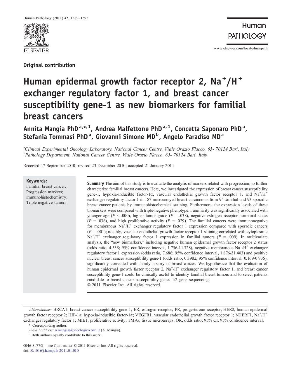 Human epidermal growth factor receptor 2, Na+/H+ exchanger regulatory factor 1, and breast cancer susceptibility gene-1 as new biomarkers for familial breast cancers