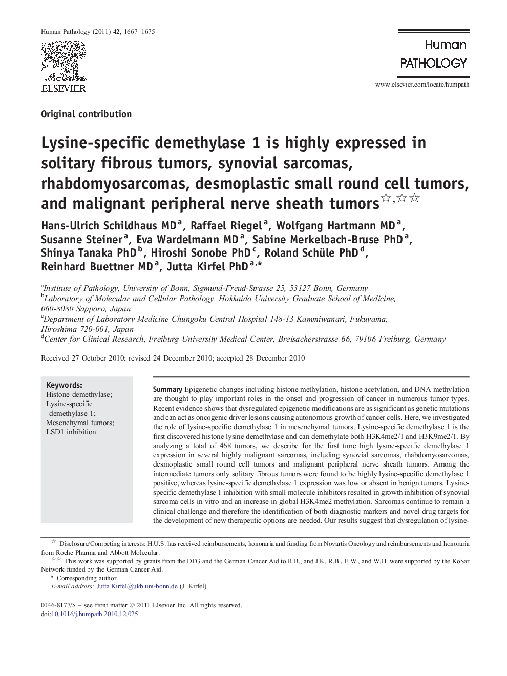 Lysine-specific demethylase 1 is highly expressed in solitary fibrous tumors, synovial sarcomas, rhabdomyosarcomas, desmoplastic small round cell tumors, and malignant peripheral nerve sheath tumors 