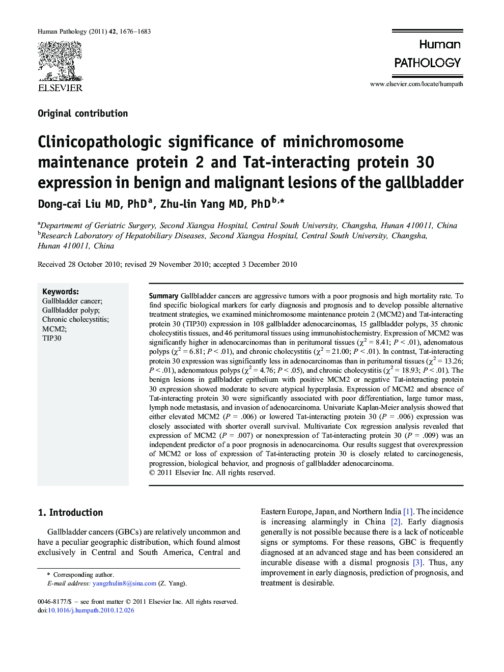 Clinicopathologic significance of minichromosome maintenance protein 2 and Tat-interacting protein 30 expression in benign and malignant lesions of the gallbladder