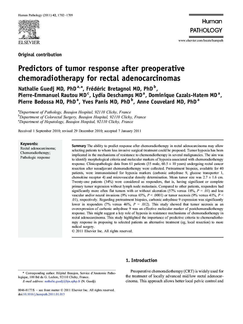 Predictors of tumor response after preoperative chemoradiotherapy for rectal adenocarcinomas