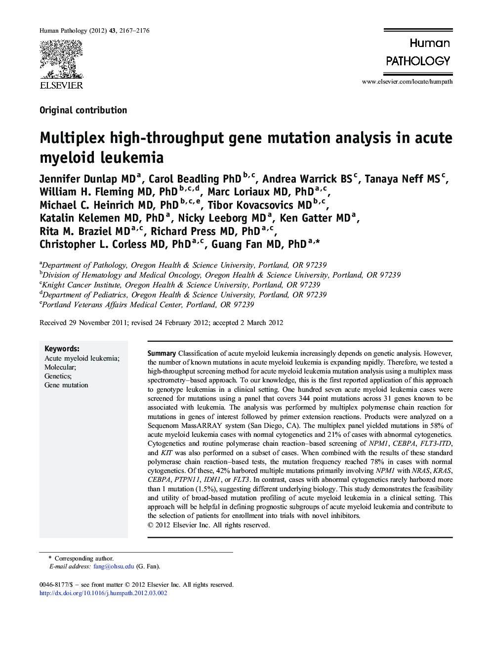 Multiplex high-throughput gene mutation analysis in acute myeloid leukemia