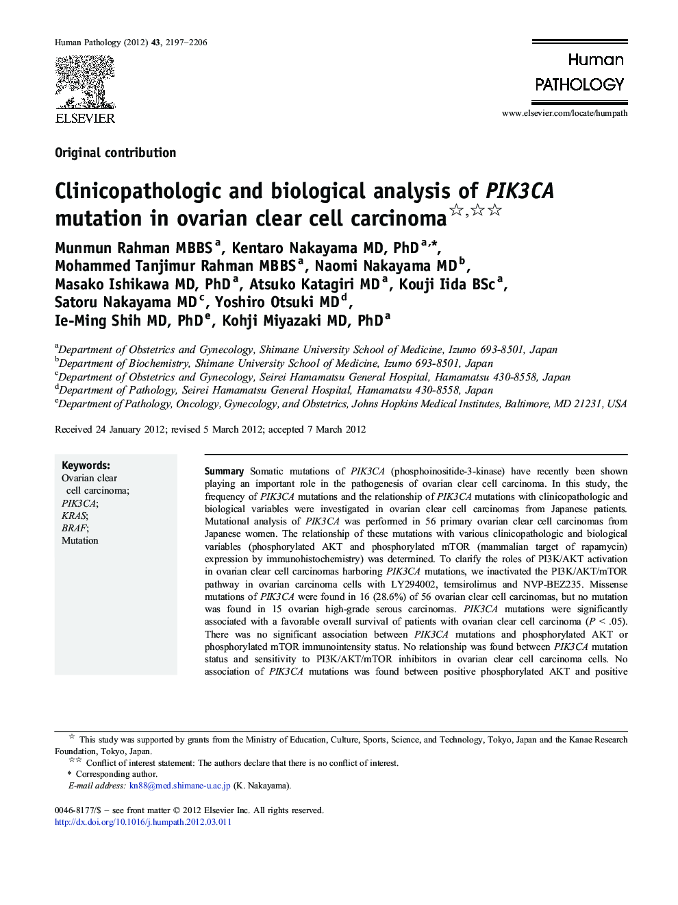 Clinicopathologic and biological analysis of PIK3CA mutation in ovarian clear cell carcinoma 