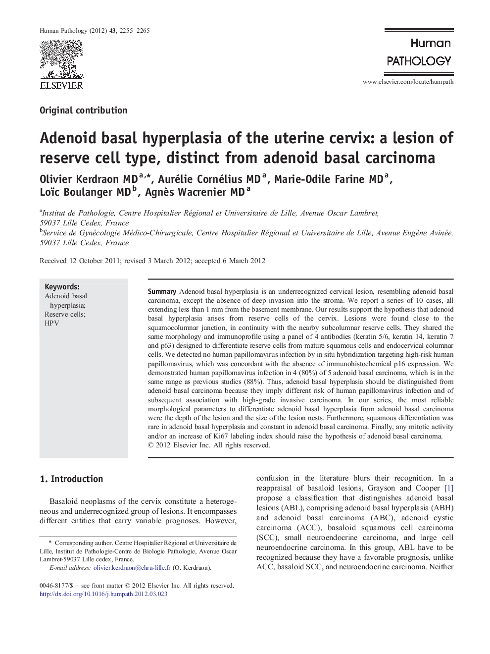 Adenoid basal hyperplasia of the uterine cervix: a lesion of reserve cell type, distinct from adenoid basal carcinoma