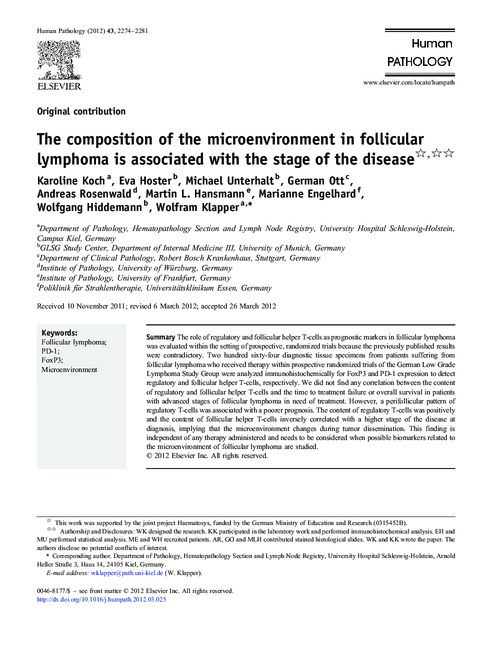 The composition of the microenvironment in follicular lymphoma is associated with the stage of the disease 