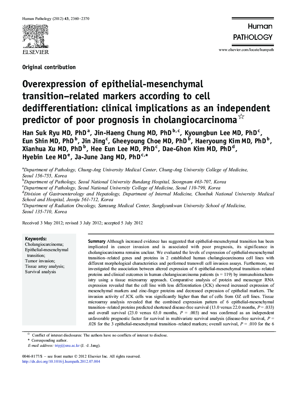 Overexpression of epithelial-mesenchymal transition–related markers according to cell dedifferentiation: clinical implications as an independent predictor of poor prognosis in cholangiocarcinoma 