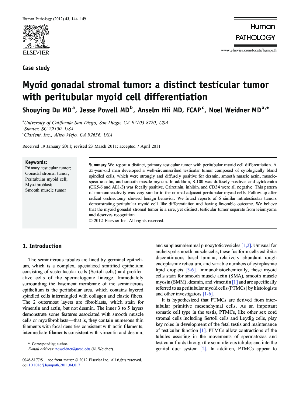 Myoid gonadal stromal tumor: a distinct testicular tumor with peritubular myoid cell differentiation