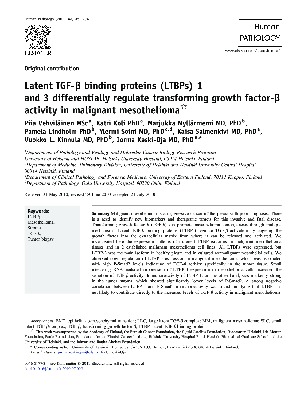 Latent TGF-β binding proteins (LTBPs) 1 and 3 differentially regulate transforming growth factor-β activity in malignant mesothelioma 