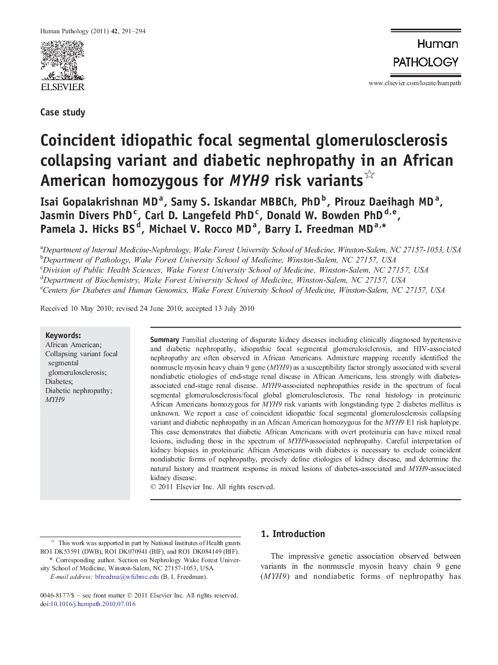 Coincident idiopathic focal segmental glomerulosclerosis collapsing variant and diabetic nephropathy in an African American homozygous for MYH9 risk variants 