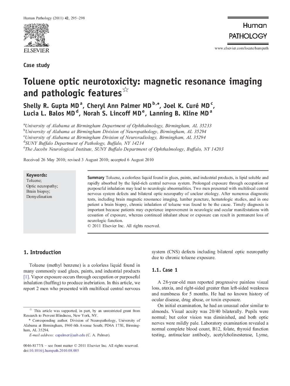 Toluene optic neurotoxicity: magnetic resonance imaging and pathologic features 