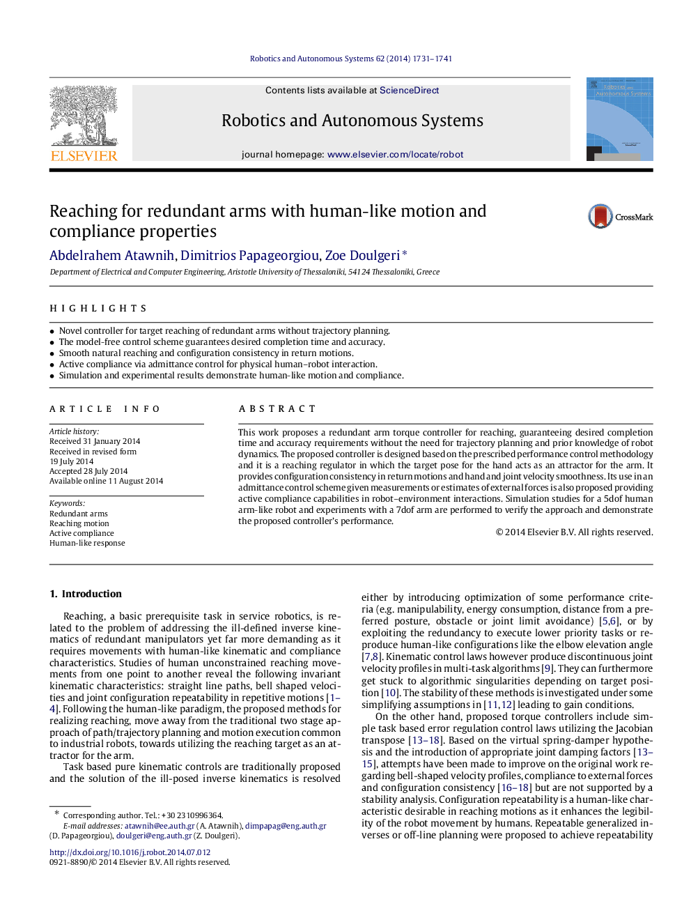 Reaching for redundant arms with human-like motion and compliance properties