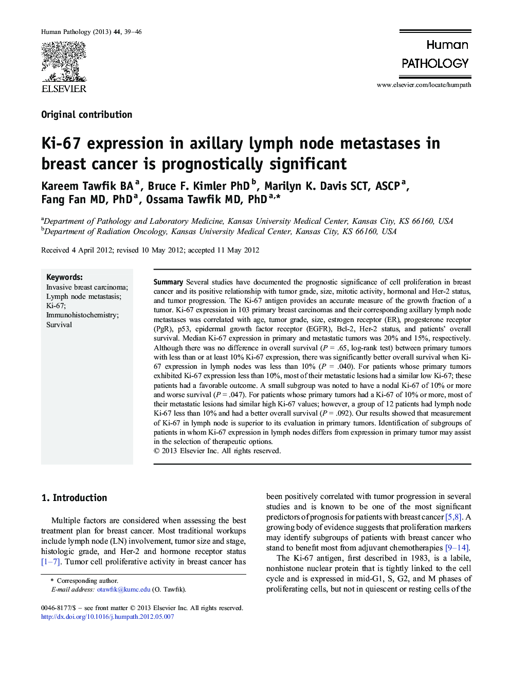 Ki-67 expression in axillary lymph node metastases in breast cancer is prognostically significant