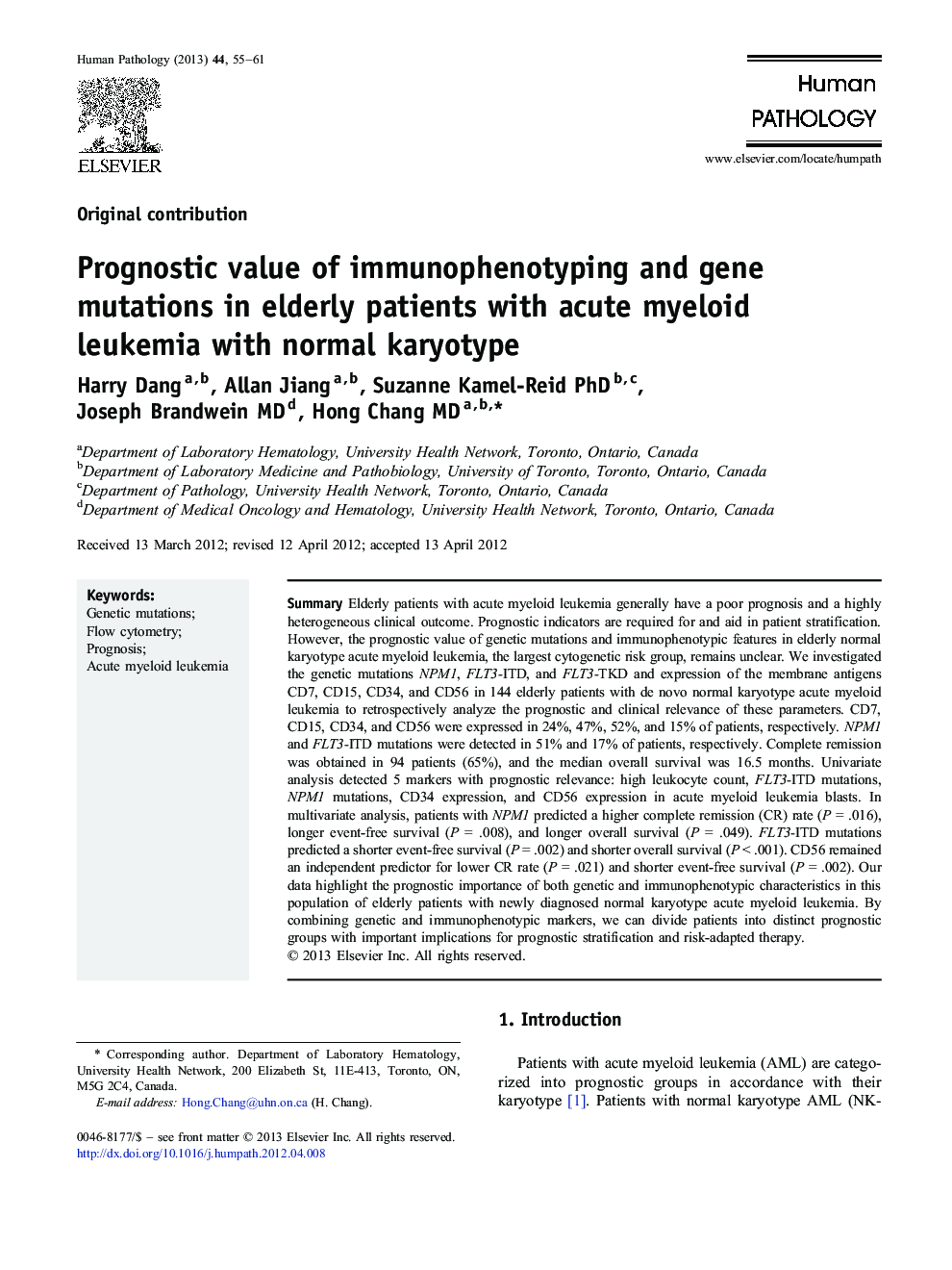 Prognostic value of immunophenotyping and gene mutations in elderly patients with acute myeloid leukemia with normal karyotype