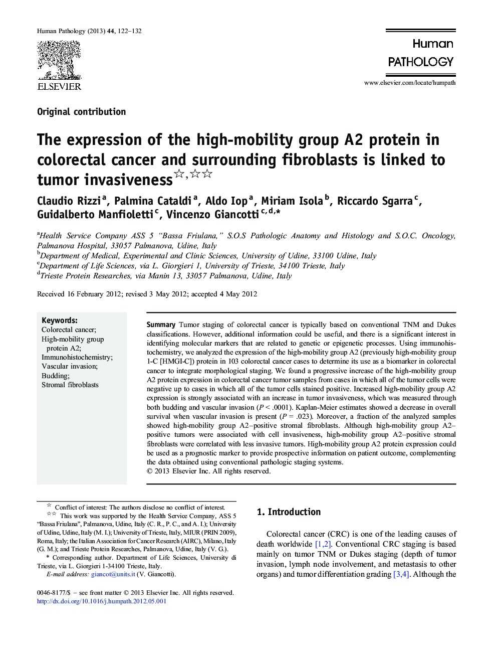 The expression of the high-mobility group A2 protein in colorectal cancer and surrounding fibroblasts is linked to tumor invasiveness 