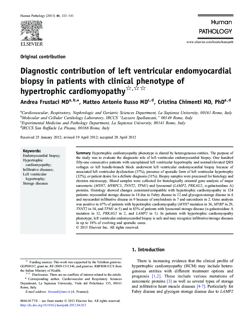 Diagnostic contribution of left ventricular endomyocardial biopsy in patients with clinical phenotype of hypertrophic cardiomyopathy 