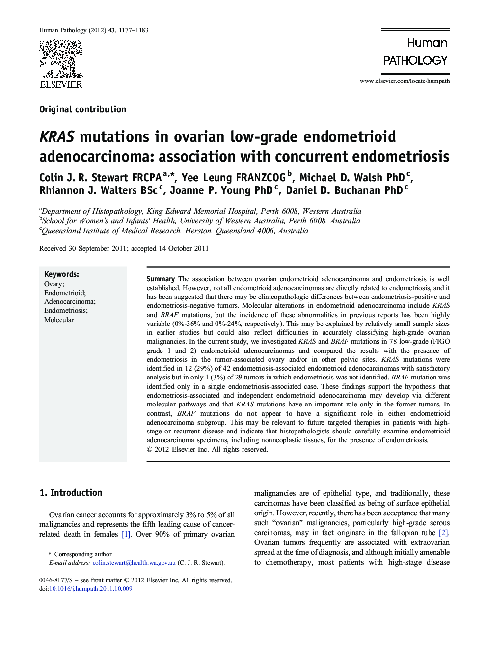 KRAS mutations in ovarian low-grade endometrioid adenocarcinoma: association with concurrent endometriosis