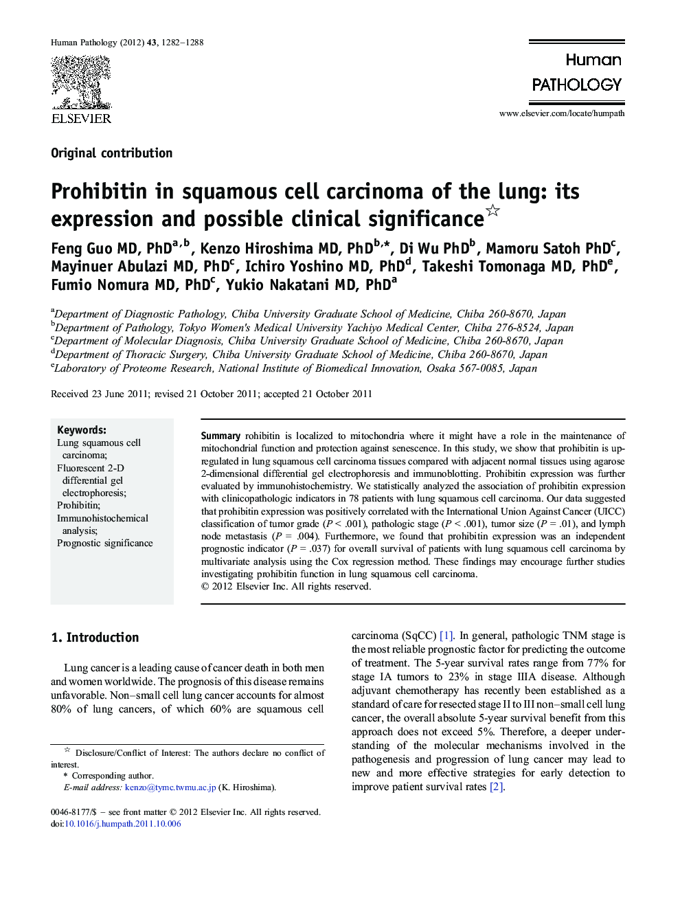 Prohibitin in squamous cell carcinoma of the lung: its expression and possible clinical significance 