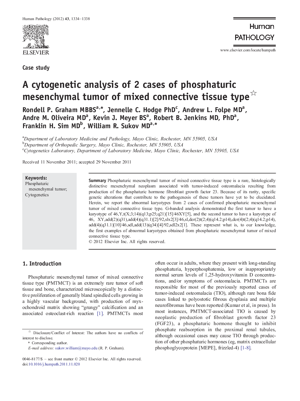 A cytogenetic analysis of 2 cases of phosphaturic mesenchymal tumor of mixed connective tissue type 