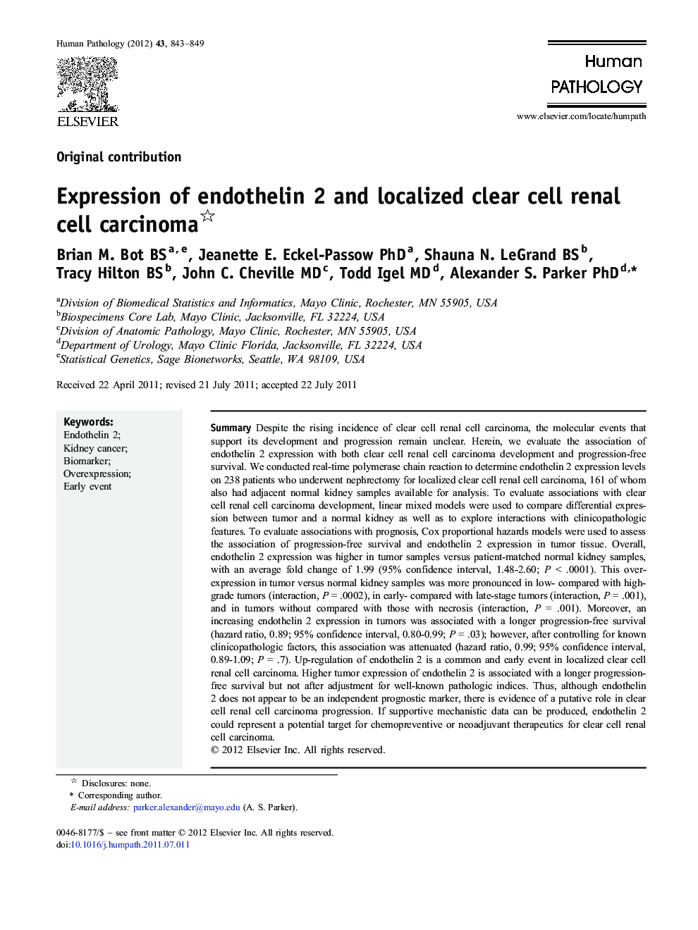 Expression of endothelin 2 and localized clear cell renal cell carcinoma 