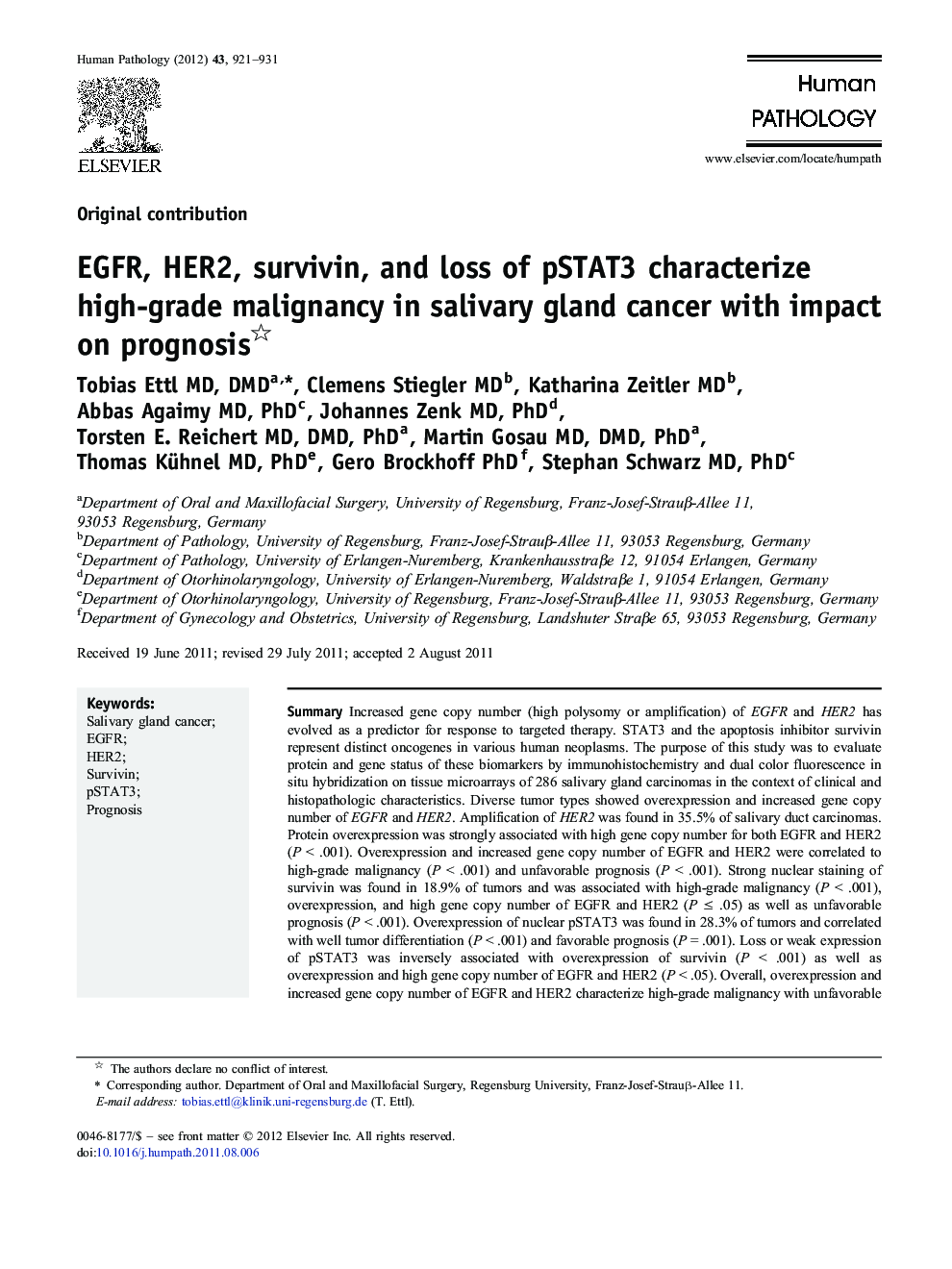 EGFR, HER2, survivin, and loss of pSTAT3 characterize high-grade malignancy in salivary gland cancer with impact on prognosis 