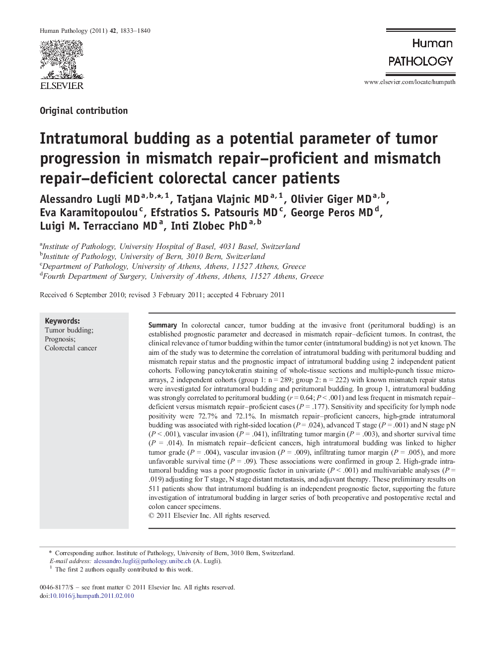 Intratumoral budding as a potential parameter of tumor progression in mismatch repair–proficient and mismatch repair–deficient colorectal cancer patients